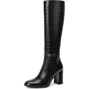 Women's Crocodile Black Knee High Boots Round Toe Side Zip Chunky Heel Rubber